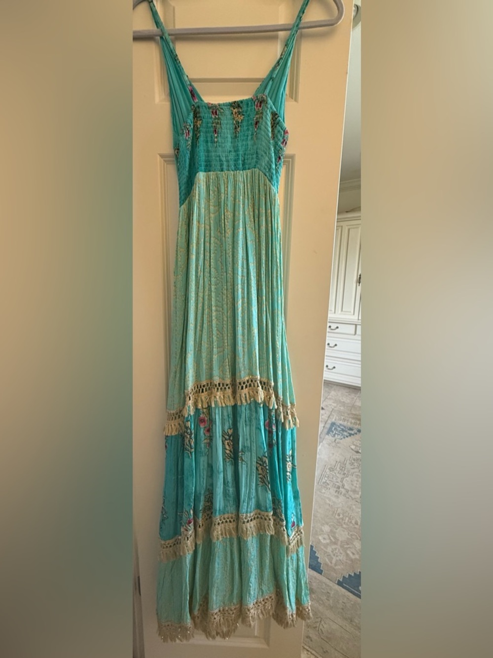 Boho Turquoise Maxi Dress with Crochet Trim